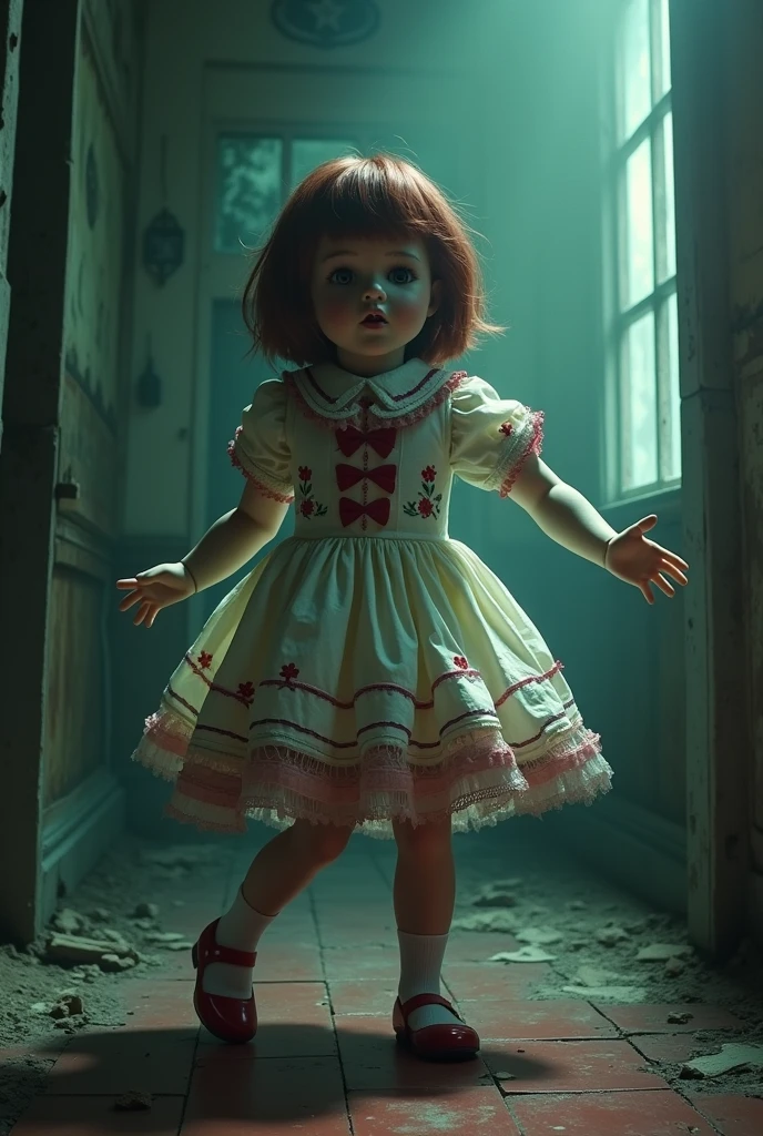 Annabelle from the movie ``The Conjuring''. She is singing and dancing wearing the Japanese idol group AKB48's "Koisuru Fortune Cookie" costume.