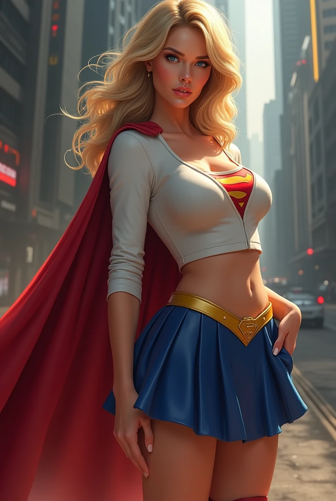 ull view of A SEXY CURVY FEMALE WITH DARK BLUE EYES AND MEDIUM MESSY GOLDEN BLONDE HAIR WEARING A CLASSIC WHITE SUPERGIRL LONG SLEEVED CROP TOP COSTUME, A SHORT BLUE PLEATED SKIRT WITH A YELLOW SUPERGIRL BELT, RED HIGH HEELED SUPERGIRL BOOTS, AND SHORT RED SUPERGIRL CAPE WITH YELLOW TRIM. , incredibly detailed skin and eyes, seductive poses, 8K resolution, masterpiece, ultra-detailed, realistic, photo-realistic, vivid colors, dramatic lighting, THICK CHESTED.