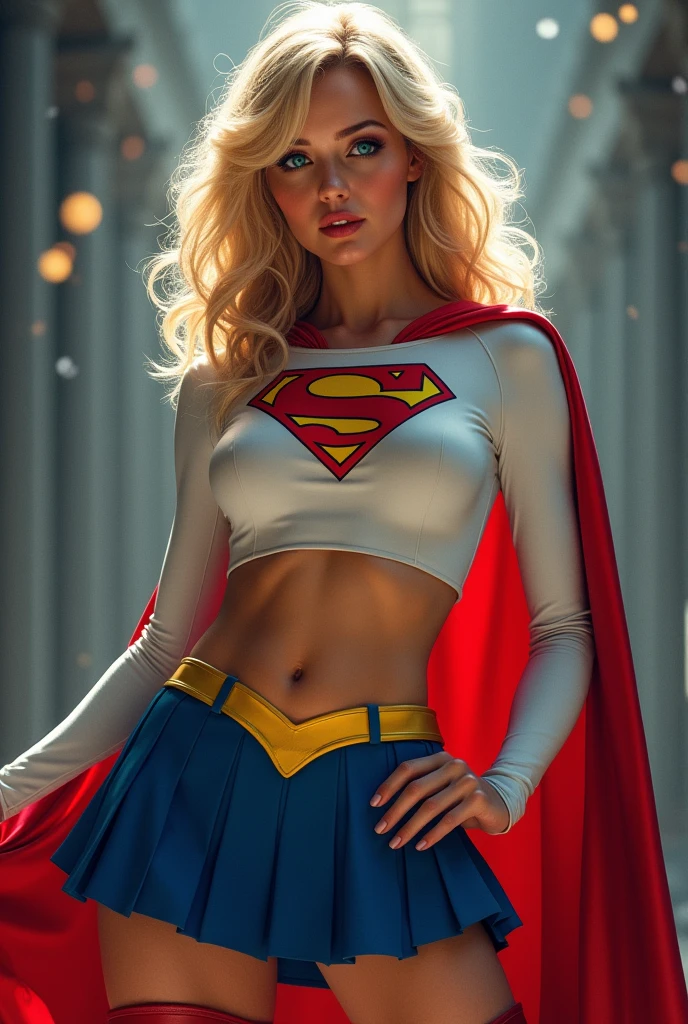 ull view of A SEXY CURVY FEMALE WITH DARK BLUE EYES AND MEDIUM MESSY GOLDEN BLONDE HAIR WEARING A CLASSIC WHITE SUPERGIRL LONG SLEEVED CROP TOP COSTUME, A SHORT BLUE PLEATED SKIRT WITH A YELLOW SUPERGIRL BELT, RED HIGH HEELED SUPERGIRL BOOTS, AND SHORT RED SUPERGIRL CAPE WITH YELLOW TRIM. , incredibly detailed skin and eyes, seductive poses, 8K resolution, masterpiece, ultra-detailed, realistic, photo-realistic, vivid colors, dramatic lighting, THICK CHESTED.