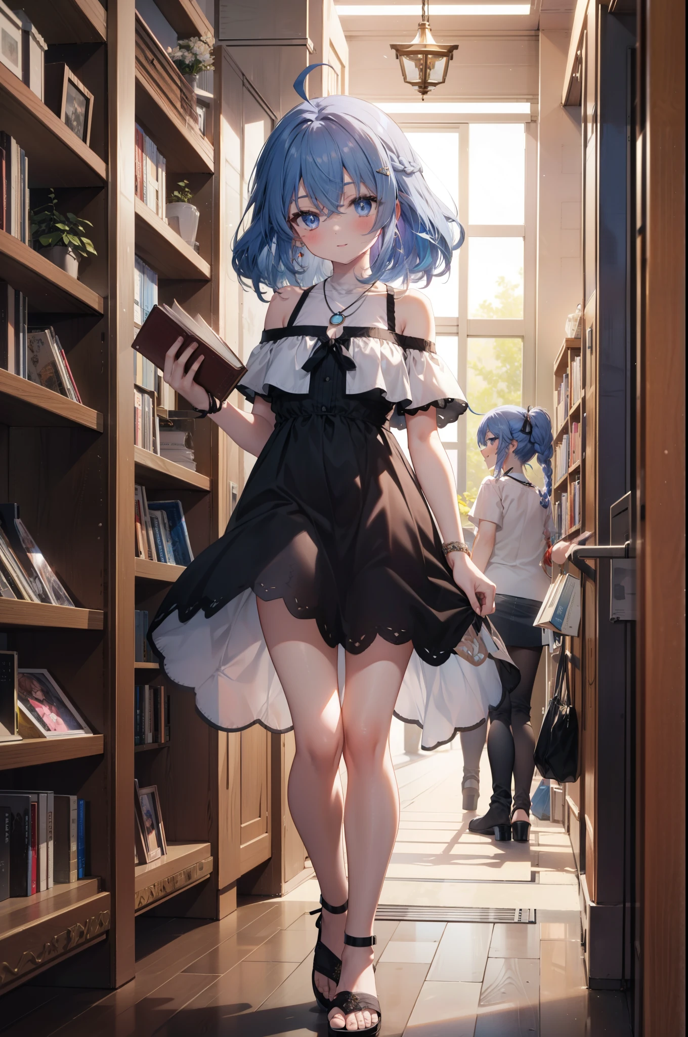 Roxymigurdia, Roxy, Ahoge, Black Ribbon, blue eyes, Blue Hair, Braiding, Hair between the eyes, Hair Ribbon, Long Hair, twin Braidings, very Long Hair, smile,blush,Open your mouth,Blue off-shoulder dress,bare clavicle,Bare neck,Bare shoulders,Rocket Pendant,Short sleeve,mini skirt,Cute heeled sandals,True Summer,Daytime,Clear skies,Walking,Bookshelf,Holding a book in both arms,whole bodyがイラストに入るように,
break looking at viewer,whole body,
break indoors,figure書館,
break (masterpiece:1.2), Highest quality, High resolution, unity 8k wallpaper, (figure:0.8), (Beautiful attention to detail:1.6), Highly detailed face, Perfect lighting, Highly detailed CG, (Perfect hands, Perfect Anatomy),