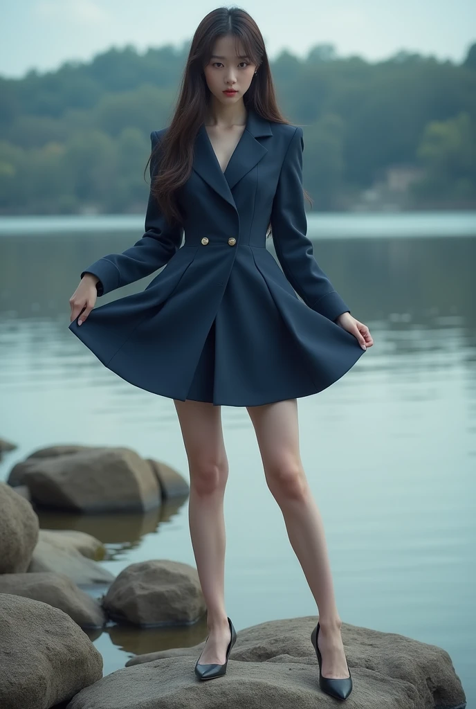 Woman standing on rocks by the water, tumblr, Shin Hanga, stunning beauty in a navy blue business suit, captured in 4K, a perverted man fishing pulls up her skirt to reveal her panties, submissive, masterpiece!, low resolution, 4K, Jimin, petite, & Jaehyun Lee & WLOP, realistic cosplay, official, highly polished, Evan Lee, attractive, black, river