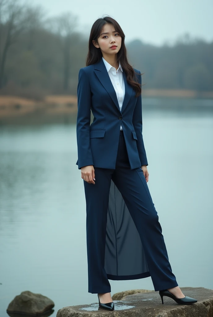 Woman standing on rocks by the water, tumblr, Shin Hanga, stunning beauty in a navy blue business suit, captured in 4K, a perverted man fishing pulls up her skirt to reveal her panties, submissive, masterpiece!, low resolution, 4K, Jimin, petite, & Jaehyun Lee & WLOP, realistic cosplay, official, highly polished, Evan Lee, attractive, black, river