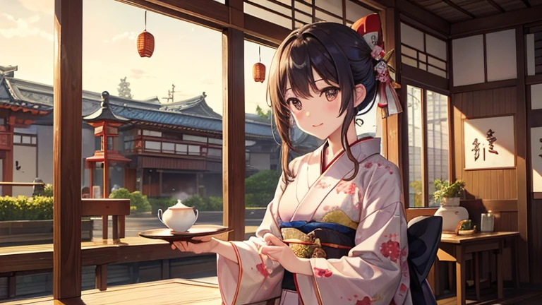 A part-time worker wearing a kimono、Please draw an illustration of tea being served at a tea shop.。The woman puts a teacup on a tray.、Serve tea to customers with care。In the background is the interior of a traditional teahouse.。