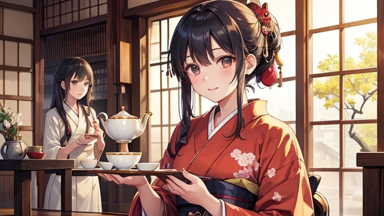 A part-time worker wearing a kimono、Please draw an illustration of tea being served at a tea shop.。The woman puts a teacup on a tray.、Serve tea to customers with care。In the background is the interior of a traditional teahouse.。