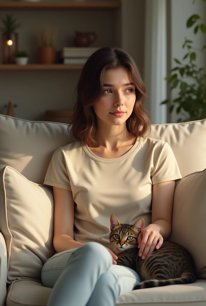 A American woman wearing beige cotton t-shirt sitting on a sofa with a shorthair cat next to her arm