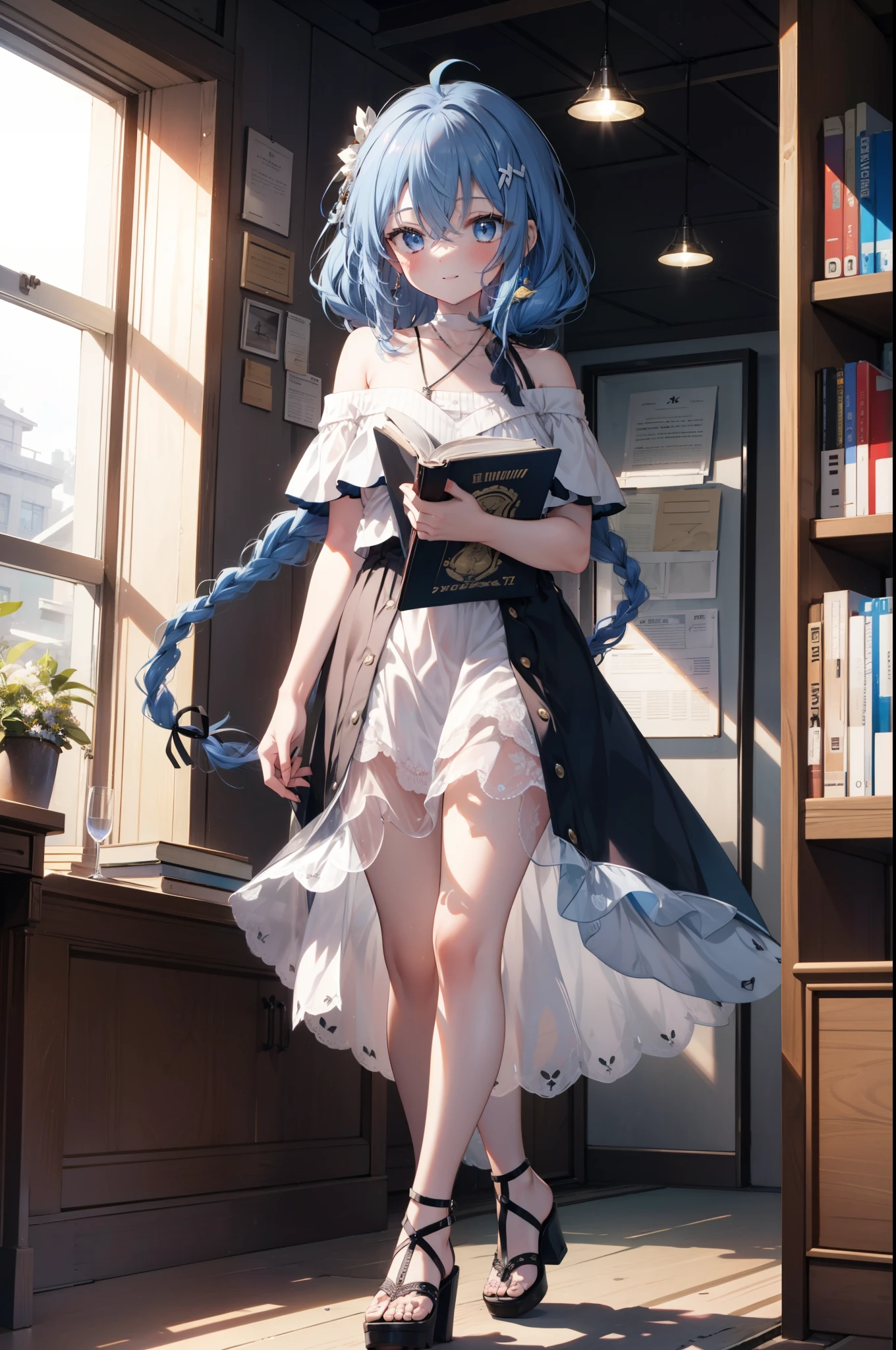 Roxymigurdia, Roxy, Ahoge, Black Ribbon, blue eyes, Blue Hair, Braiding, Hair between the eyes, Hair Ribbon, Long Hair, twin Braidings, very Long Hair, smile,blush,Open your mouth,Blue off-shoulder dress,bare clavicle,Bare neck,Bare shoulders,Rocket Pendant,Short sleeve,mini skirt,Cute heeled sandals,True Summer,Daytime,Clear skies,Walking,Bookshelf,Holding a book in both arms,whole bodyがイラストに入るように,
break looking at viewer,whole body,
break indoors,figure書館,
break (masterpiece:1.2), Highest quality, High resolution, unity 8k wallpaper, (figure:0.8), (Beautiful attention to detail:1.6), Highly detailed face, Perfect lighting, Highly detailed CG, (Perfect hands, Perfect Anatomy),