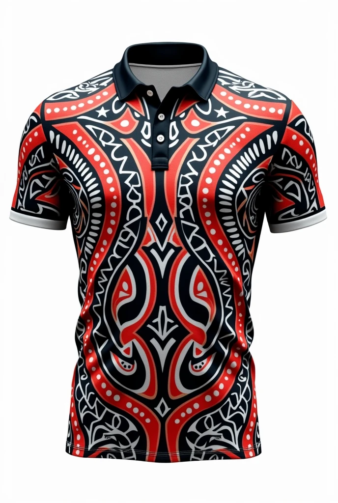 Create rugby jersey maori tribe full pattern black white red retro black collar white background front and back design side by two side clear