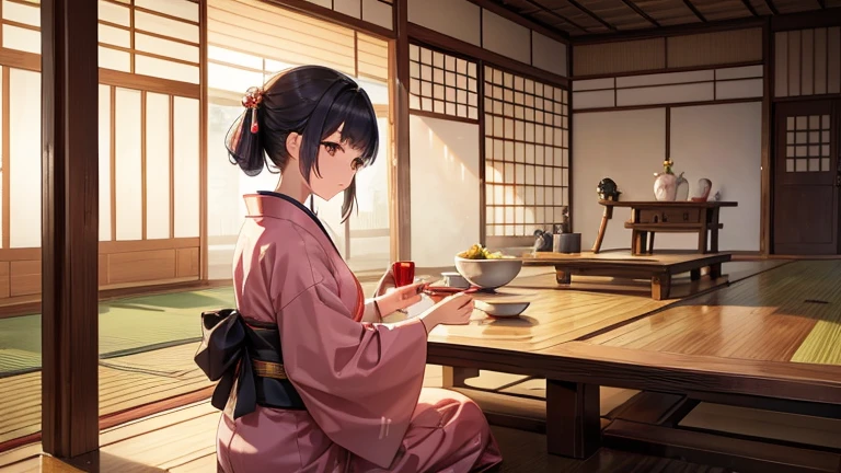 A part-time woman in a kimono working at a teahouse、Please draw an illustration of tea ceremony utensils being arranged.。The woman has a concentrated expression、Preparing to make tea。The background features bamboo fences and tatami floors.、There is a calm atmosphere。