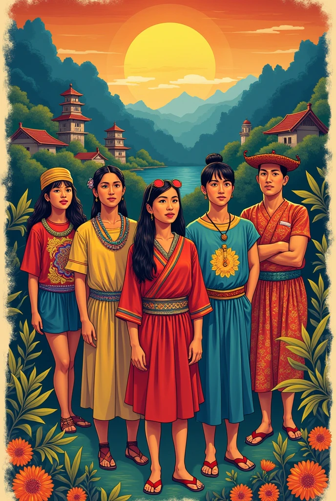 Make a poster about katutubo,kastila,americano,hapon, kasalukuyan