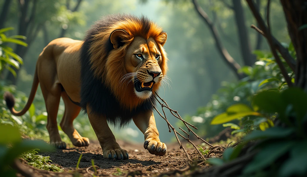 The lion suddenly fell into a trap