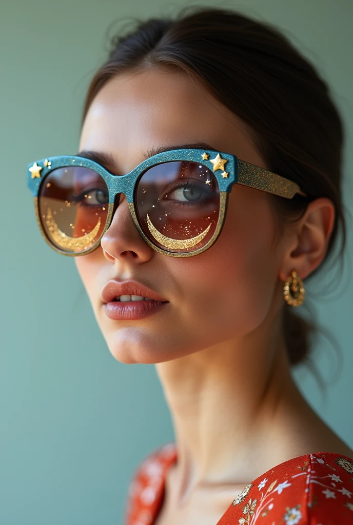 The model is wearing glass sunglasses with stars and the moon on the glass