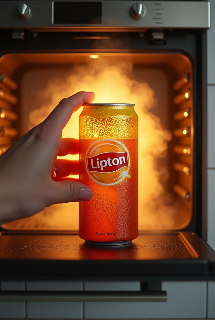 A timer goes off, and the oven is opened to reveal the finished Lipton Ice Tea product.