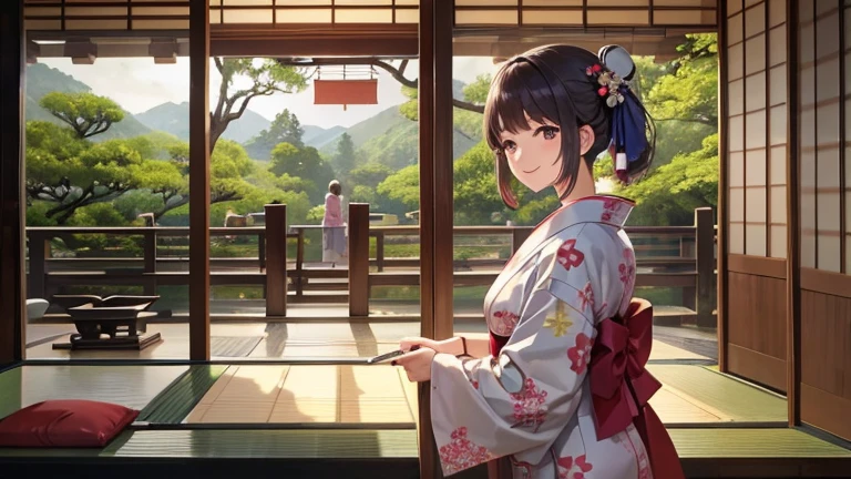 A part-time worker wearing a kimono、Please draw an illustration of someone adjusting a noren curtain outside a teahouse.。The woman was smiling as she adjusted the noren curtain.、A traditional Japanese garden spreads out in the background.。