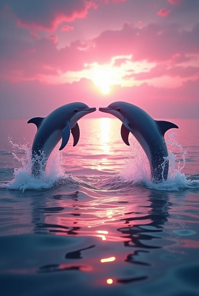 Two dolphins jumping in a circle with the Christian water with a magical pink sunset