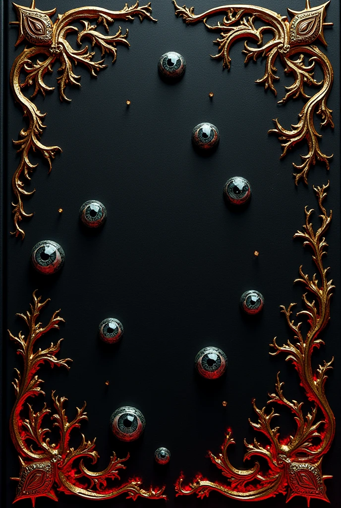 Make a book cover with the following information.
The background is black and on the edges of the cover there are gold details as if they were plant vines., besides some red details like fire embers. In the center make several scattered monster eyes