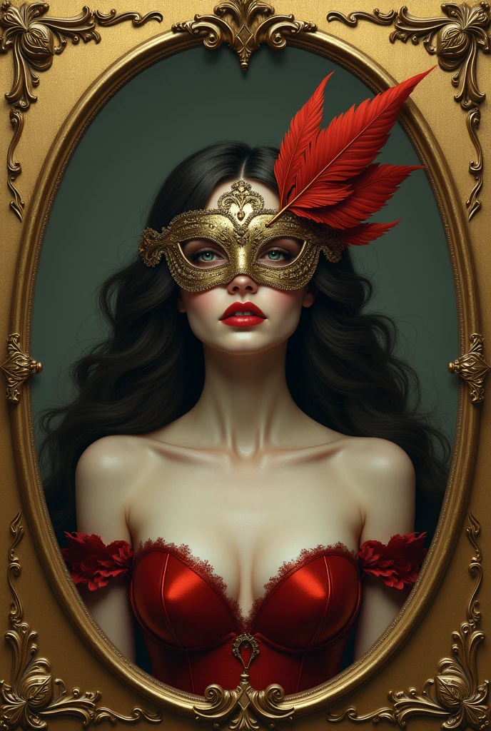 Oval framed picture with vintage borders, woman face with mask, feathers, 38dd breasts with tiny red nipple covers