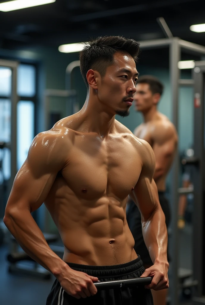 An Asian man working out in the gym,Topless,skinny