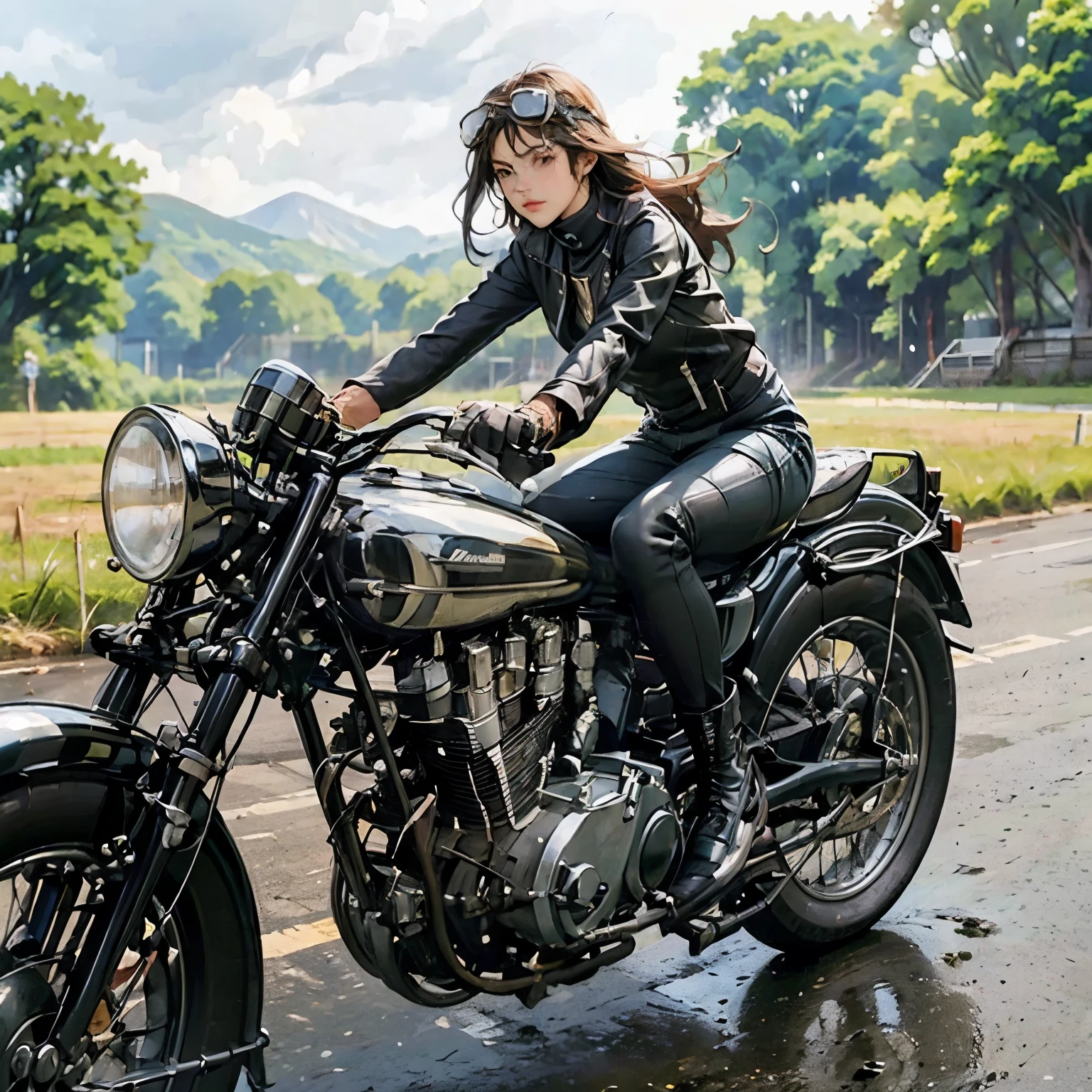 (A young female rider speeds along on a motorcycle)、(cornering:1.2)、Vintage Bikes、Bluff Superior SS100、Isle of Man Races、Leather jumper、Cromwell helmet with goggles、After the Rain、English countryside、(Highest quality, masterpiece, High resolution)、8k、wallpaper