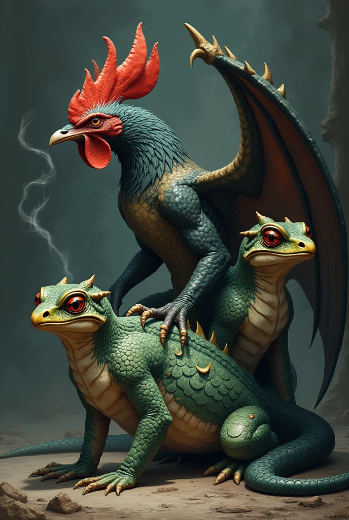 Show a series of basilisk variants, each representing different mythological descriptions: one with a rooster’s head, one with a dragon’s wings, and another with a toad’s body. Include visual elements that highlight their unique powers, like lethal breath or petrifying gaze.