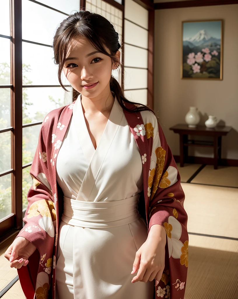 Highest quality, Face Focus, (Depth of written boundary) ,Ultra-high resolution, (Realistic:1.4), RAW Photos, Japanese-style room, alcove, Hanging scrolls
(Portraiture:1.4)
1 Japan, alone, cute, smile, (Brown eyes), Natural Face, (Midi Hair), 
(kimono:1.5)Medium Hair, Blur, 