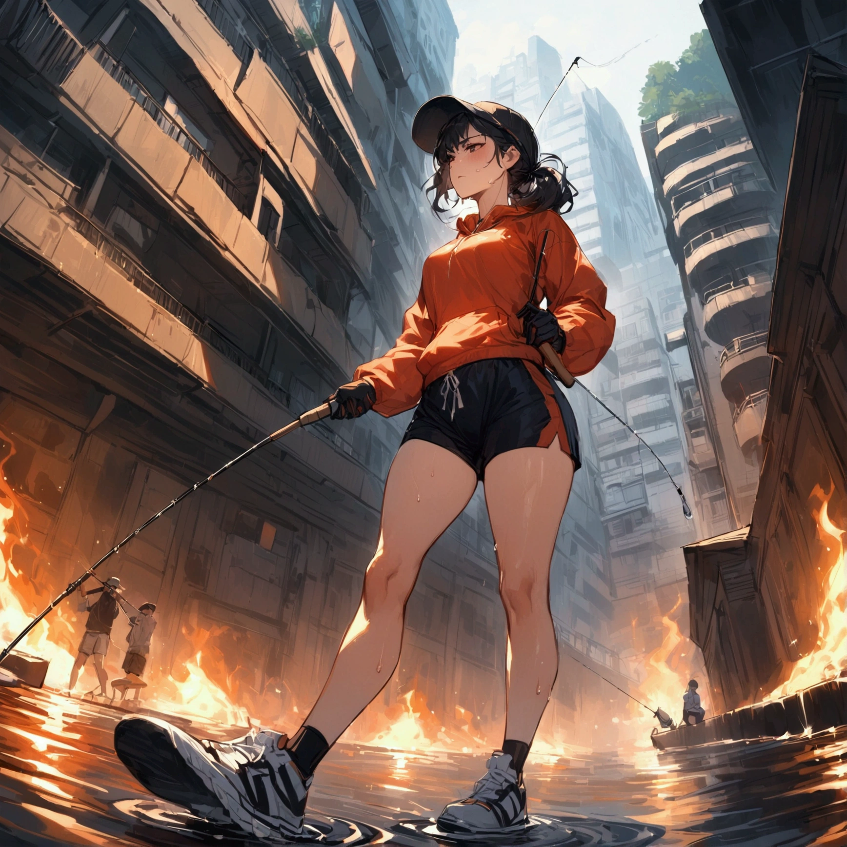 ,{{masterpiece}}, {{{Highest quality}}},{{Very detailed}},URBAN FISHING,Fishing. Stand on the pole and wait for a hit,Stand facing the river.,Standing and holding a fishing rod,{{Swimsuit shorts:1.8}},Woman fishing ,Loose-fitting shorts,rash guard ,shorts ,leggings ,sneakers ,hoody,　clavicle, ,gloves ,hat ,well maintained river with buildings in view,Sweat,Serious