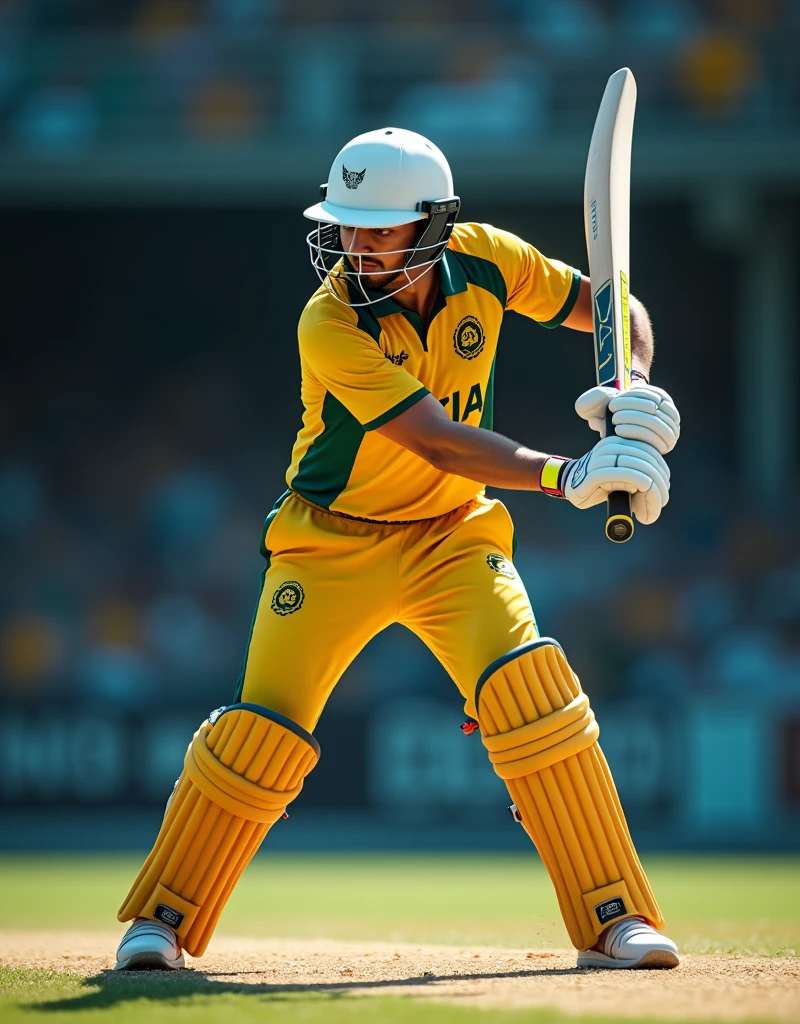 Give me a yellow jersey with AUS written on it. Wearing white sneakers. The cricket player is wearing a helmet and holding a cricket bat in both hands. He is preparing to hit the ball with his knees slightly bent.，顶光drop shadow, anaglyph, stereogram, tachi-e, ass pov, atmospheric perspective, 8k, super detail, best quality
