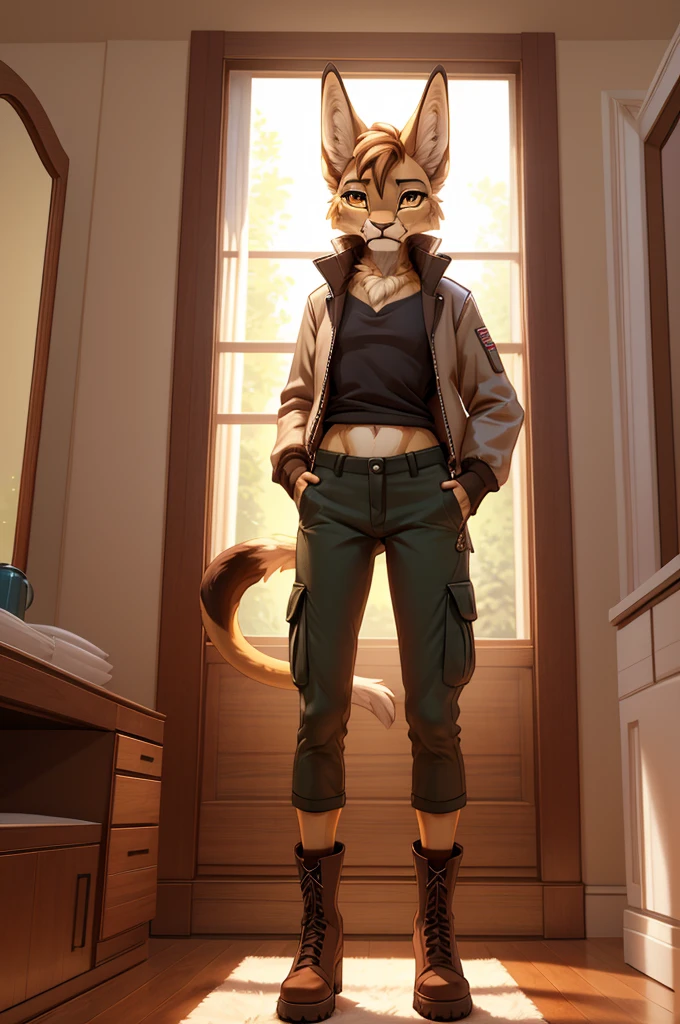 Beautiful, anthro lioness, perfect lighting, highly detailed CG Unity 8k wallpaper, high resolution, perfect lighting, youthful, tall, slim, skinny, frail slender figure, slim legs, distinctly feminine figure, narrow hips, long legs, close-up shot.
Anthropomorphic jackal character, CG Unity, youthful, tall, slim, beautiful feminine figure, narrow hips, fluffy fuzzy volumetric sandy brown fur, casual layered outfit with a lightweight jacket, tank top, cargo pants, ankle boots, long, sleek ears adorned with small silver hoops, combing through her fur with a sleek wooden comb, golden eyes focused in a mirror, seated on a sunlit windowsill, adjusting the fur on her face and neck, content and focused.