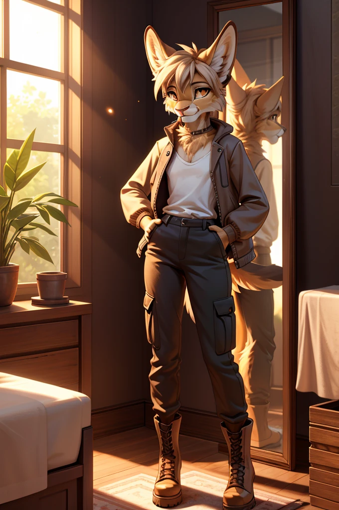 Beautiful, anthro lioness, perfect lighting, highly detailed CG Unity 8k wallpaper, high resolution, perfect lighting, youthful, tall, slim, skinny, frail slender figure, slim legs, distinctly feminine figure, narrow hips, long legs, close-up shot.
Anthropomorphic jackal character, CG Unity, youthful, tall, slim, beautiful feminine figure, narrow hips, fluffy fuzzy volumetric sandy brown fur, casual layered outfit with a lightweight jacket, tank top, cargo pants, ankle boots, long, sleek ears adorned with small silver hoops, combing through her fur with a sleek wooden comb, golden eyes focused in a mirror, seated on a sunlit windowsill, adjusting the fur on her face and neck, content and focused.