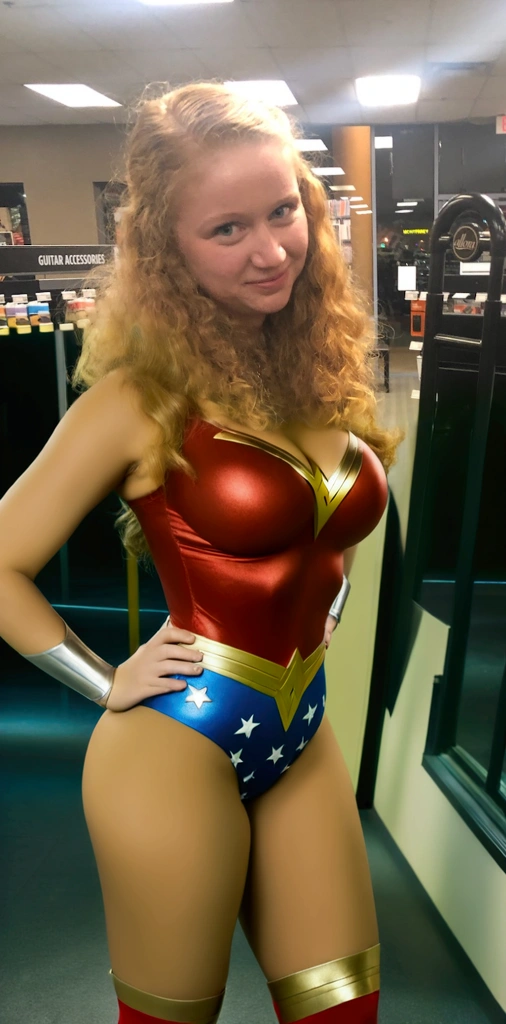 Sexy busty pornstar with massive breasts and butt, thicc thighs, sexy thicc legs, sexy body, slutty Wonder Woman costume, legs apart, strong standing pose, intense cameltoe