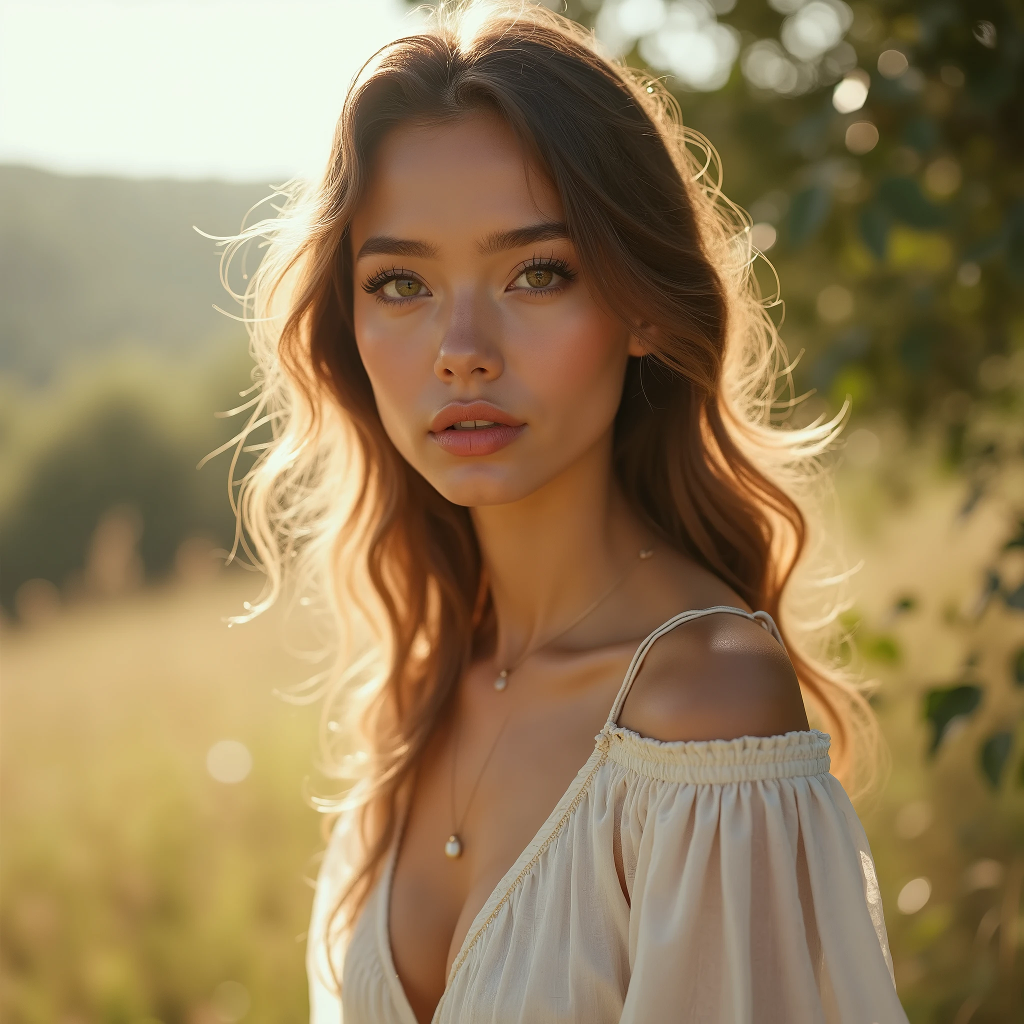 photo of a 22 year old girl, in a white hippie dress, (1 girl), (realist), (photo-realist:1.5), lipstick,(realistic photo,natural, 8k uhd, film grain), sharp eyeliner, Blush Eyeshadow with Thick Lashes., extremely delicate and beautiful, (full body shot:1.6), 8k, Soft lighting, high quality, High resolution, sharp focus, extremely detailed, (sunlight on the face), beautiful detailed eyes, extremely detailed eyes and face, masterpiece, cinematic lighting, (very detailed skin:1.2), 8k uhd, DSLR, Soft lighting, high quality, film grain, Fujifilm XT3