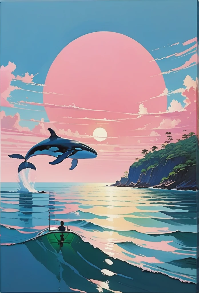 Swim gracefully like a fly in a whale light pink sky, flying, acrylic painting, pixiv fanbox trends, pallet knives and brushstrokes, makoto sinkai jamie wyeth james girard Edward Hopper Gregtkovsky Studio Gibridine Impact, coral reefs, castles in the sea、oil、paints、Painting、Light color、抽象Painting,