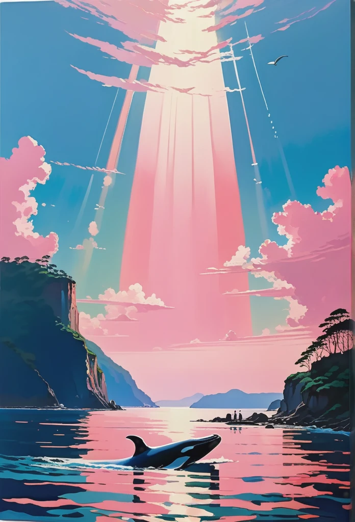 Swim gracefully like a fly in a whale light pink sky, flying, acrylic painting, pixiv fanbox trends, pallet knives and brushstrokes, makoto sinkai jamie wyeth james girard Edward Hopper Gregtkovsky Studio Gibridine Impact, coral reefs, castles in the sea、oil、paints、Painting、Light color、抽象Painting, 