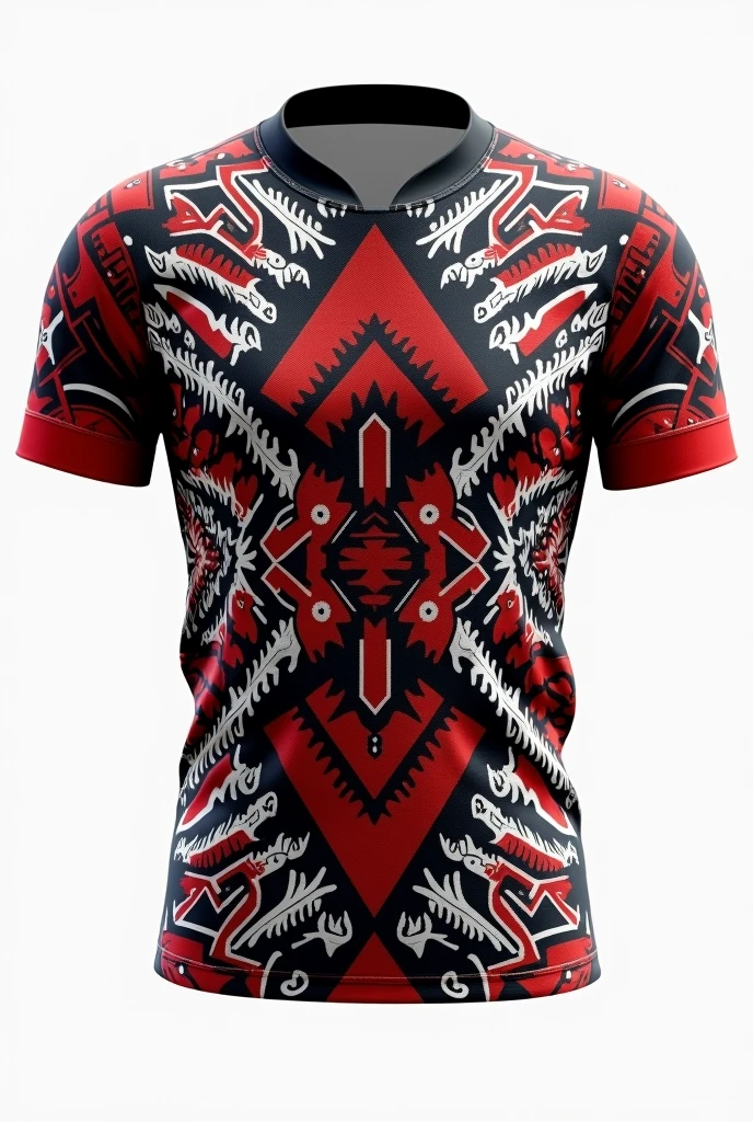 Create rugby jersey  indigenous  tribe full  pattern black white red  retro black collar white background front and back design side by two side  clear