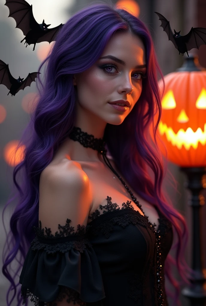 Young woman, Dark purple long wavy hair .Excellent characteristics, very beautiful, vampire, Warm gaze, Expression of love, looking off to the side, Gothic dress, Purple Eyes, Lots of bats .Delete the three dots in the upper right corner of the bat pumpkin lantern, (best quality,16K,high resolution,masterpiece:1.2),Extremely detailed,(Practical,photoPractical,photo-Practical:1.37), HDR, Ultra HD, Studio Lighting, Extremely detailed的描述, professional, Bright colors, Bokeh, portrait, Orange color palette, Atmospheric lighting