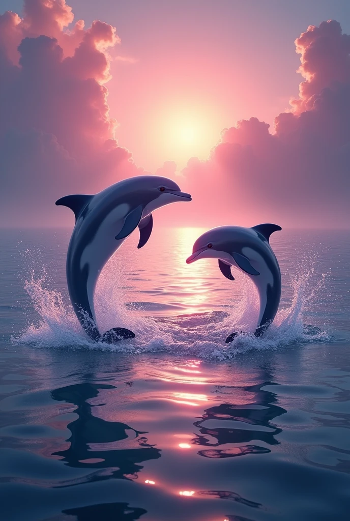 Two dolphins jumping in a circle with the Christian water with a magical pink sunset