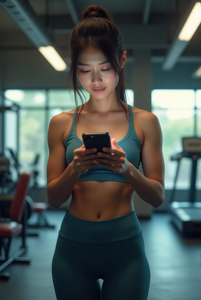 An Asian woman in the gym,Holding a mobile phone,skinny
