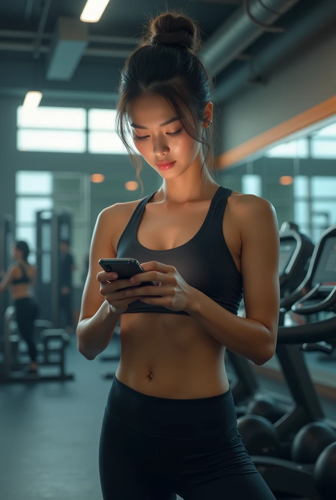 An Asian woman in the gym，Holding a mobile phone，skinny