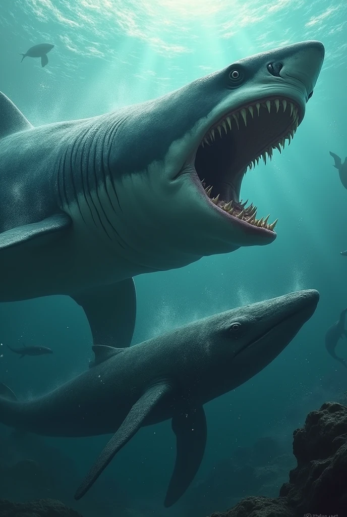 Make a picture of megalodon vs whale