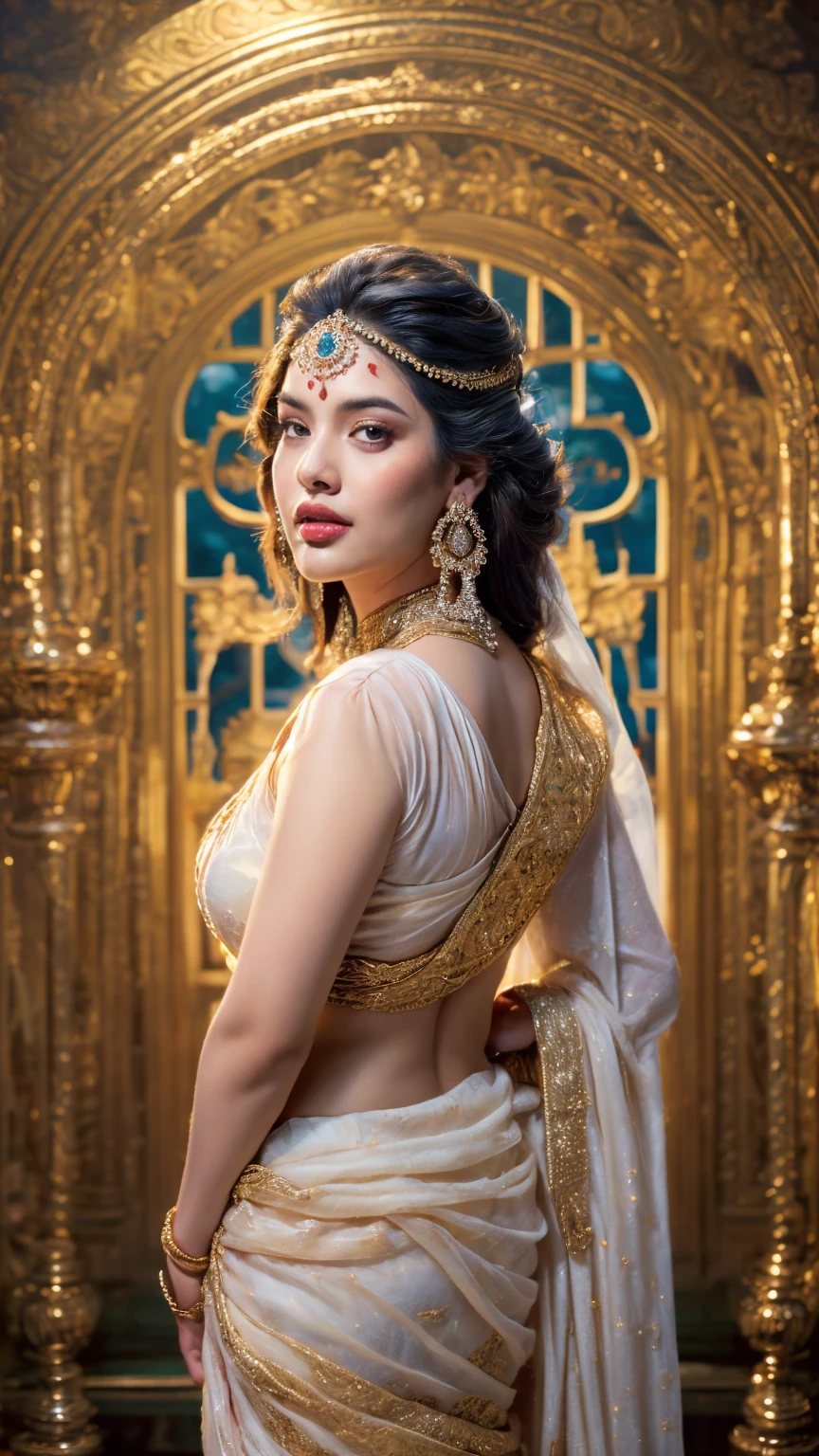 ((Best quality, 8k, Masterpiece :1.3)), Sharp focus :1.2, Generate a realistic image of a beautiful sexy Indian woman plus size body: 8.5 dressed in a white Kasava saree, adorned with traditional ornaments, standing in a well-lit room with cinematic lighting. ((Front view, random elegant pose)), and there is a sense of grace and elegance in her posture. The background should complement the scene, enhancing the overall aesthetic appeal of the image. Photography by Brandon Woelfel, Full shot: Canon EF 16-35mm f/2.8L III USM lens on a Canon EOS 9D Mark IV camera, ultra realistic, 64k, HD