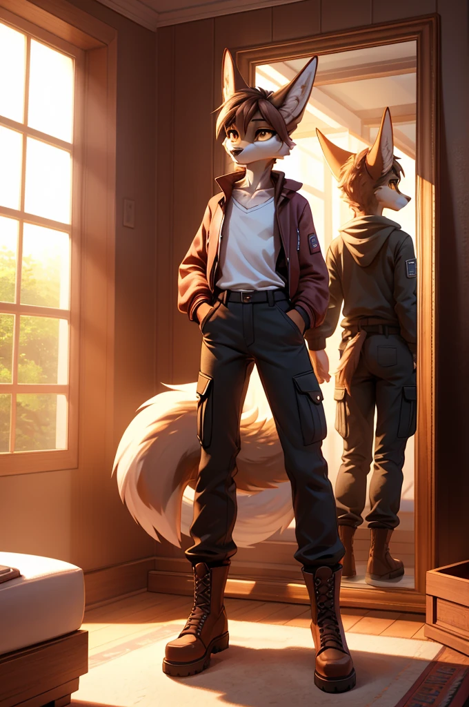 A beautiful, (masterpiece), high quality, perfect lighting, highly detailed CG Unity 8k wallpaper, high resolution, perfect lighting, youthful, adolescent, slim, skinny, slender curvy figure, distinctly feminine figure, narrow hips, close-up shot, detailed face, Anthropomorphic jackal character, CG Unity, youthful, tall, slim, beautiful feminine figure, narrow hips, fluffy fuzzy volumetric sandy brown fur, casual layered outfit with a lightweight jacket, tank top, cargo pants, ankle boots, long, sleek ears adorned with small silver hoops, combing through her fur with a sleek wooden comb, golden eyes focused in a mirror, seated on a sunlit windowsill, adjusting the fur on her face and neck, content and focused.