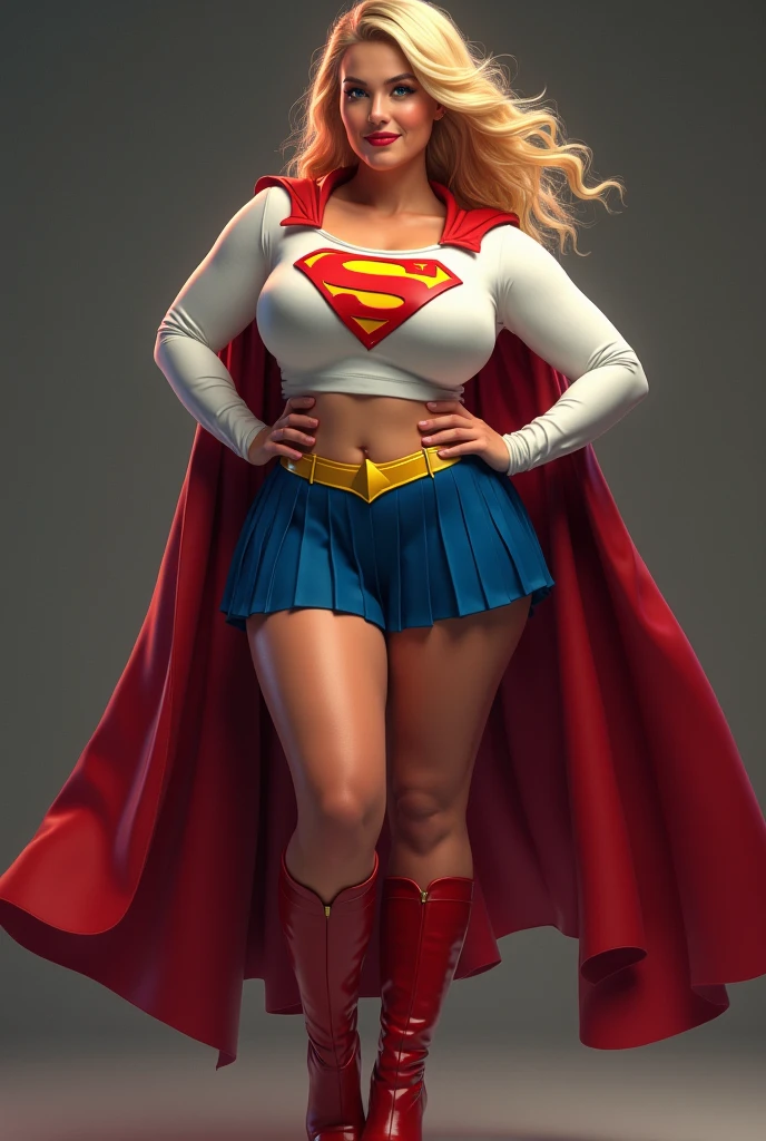 ull view of A SEXY CURVY FEMALE WITH DARK BLUE EYES AND MEDIUM MESSY GOLDEN BLONDE HAIR WEARING A CLASSIC WHITE SUPERGIRL LONG SLEEVED CROP TOP COSTUME, A SHORT BLUE PLEATED SKIRT WITH A YELLOW SUPERGIRL BELT, RED HIGH HEELED SUPERGIRL BOOTS, AND SHORT RED SUPERGIRL CAPE WITH YELLOW TRIM. , incredibly detailed skin and eyes, seductive poses, 8K resolution, masterpiece, ultra-detailed, realistic, photo-realistic, vivid colors, dramatic lighting, THICK CHESTED.
