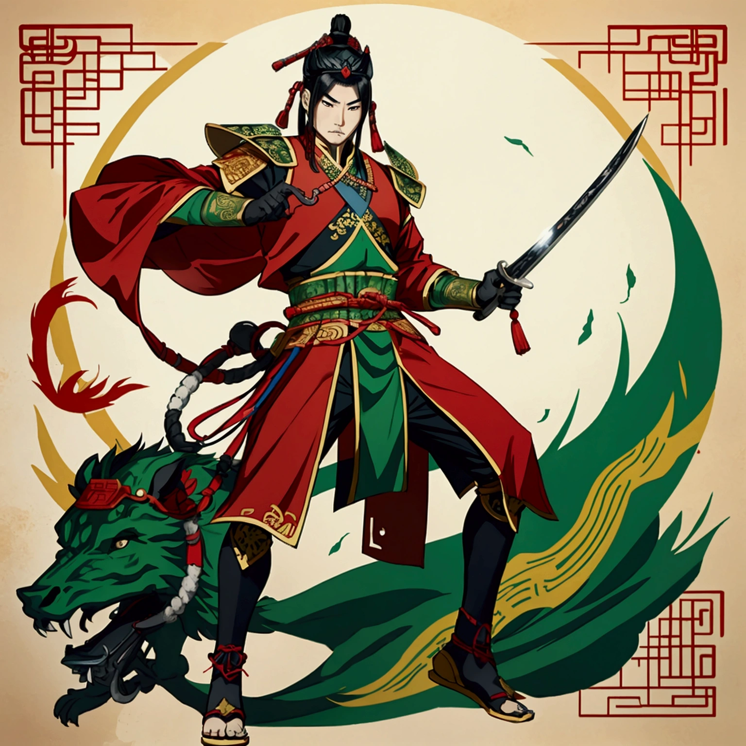 Cao Cao,man,Wearing Chinese warrior costume,holding a sword,stand,Put on the green Chinese warrior shoes