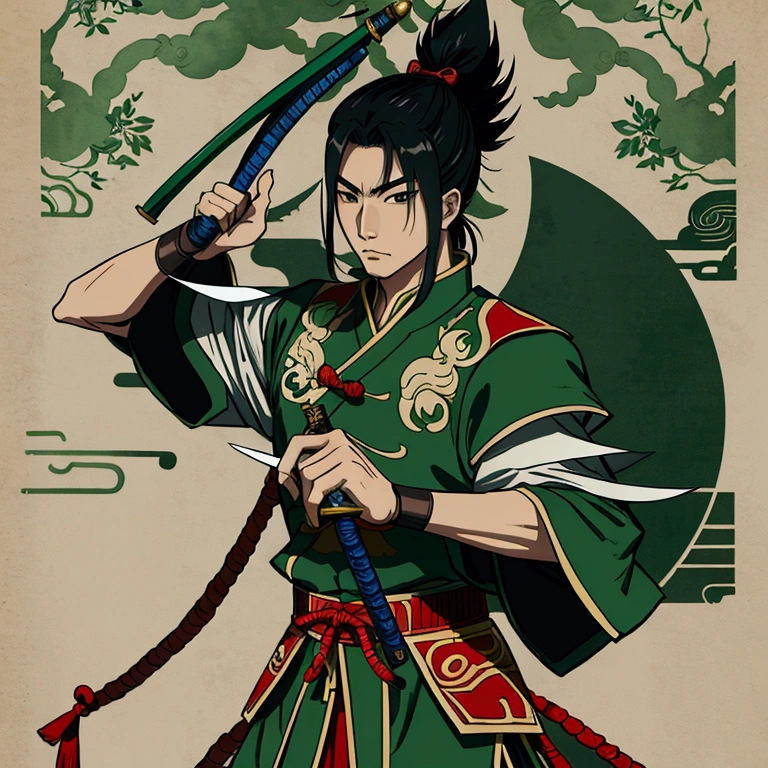 Cao Cao,man,Wearing Chinese warrior costume,holding a sword,stand,Put on the green Chinese warrior shoes