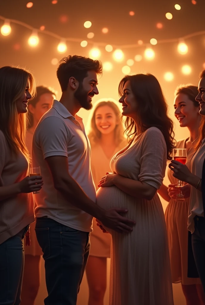 Husband and pregnant wife standing among friends at friendly party with friends