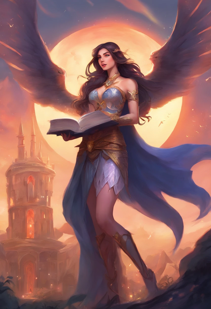 best quality,masterpiece,Ultra-high resolution,photoactual:4:0,Demon Palace Academy Park,Albedo,long hair shawl,Devil's Horn,Big breasts,shirt clothes,mini skirt,holding book