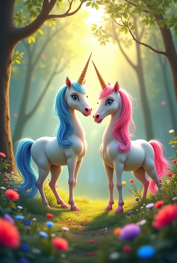 Two unicorns with rainbow hair in an enchanted forest with flowers and well lit