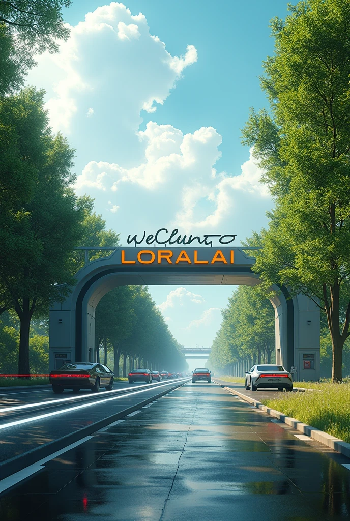 Welcome to LORALAI written on top of entrance.trees on sides of roads and cars on roads full realistic and futuristic