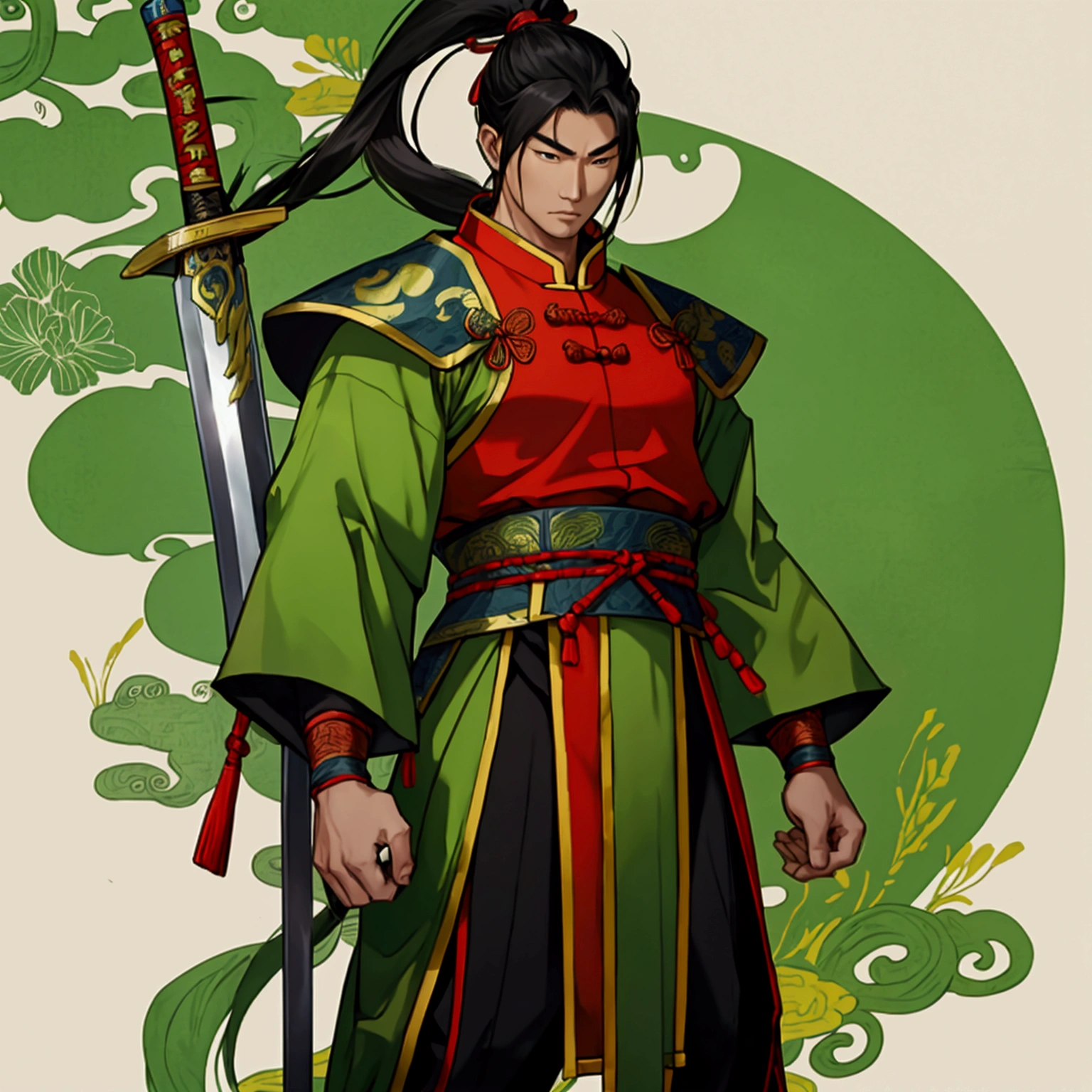 Cao Cao,man,Wearing Chinese warrior costume,holding a sword,stand,Put on the green Chinese warrior shoes