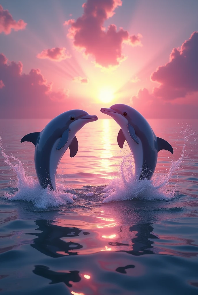 Two dolphins jumping in a circle with the Christian water with a magical pink sunset