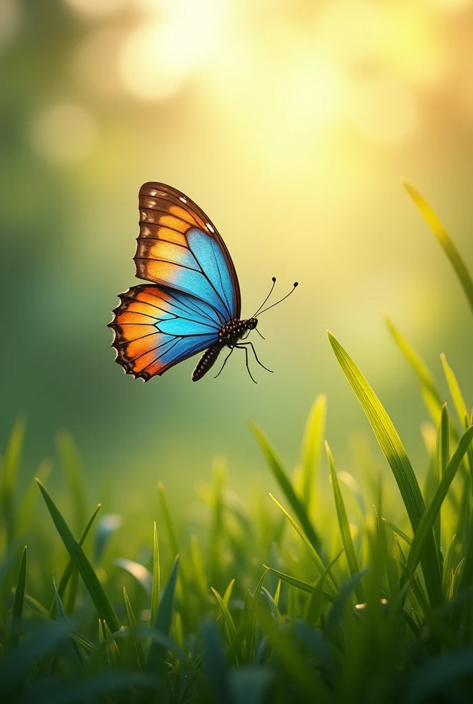 A butterfly flies on the grass.